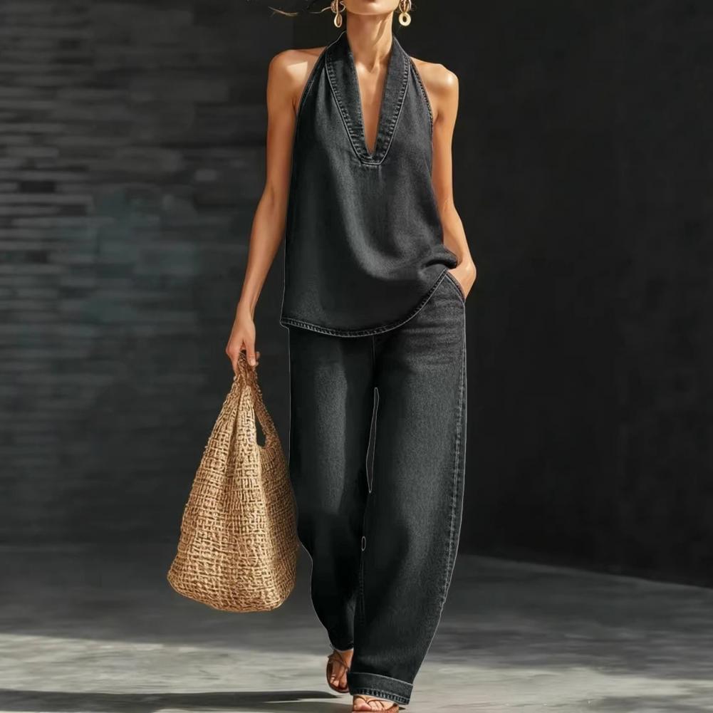 Ensemble en jean sans manches pour femme – Haut dos nu et pantalon large – Tenue d'été deux pièces