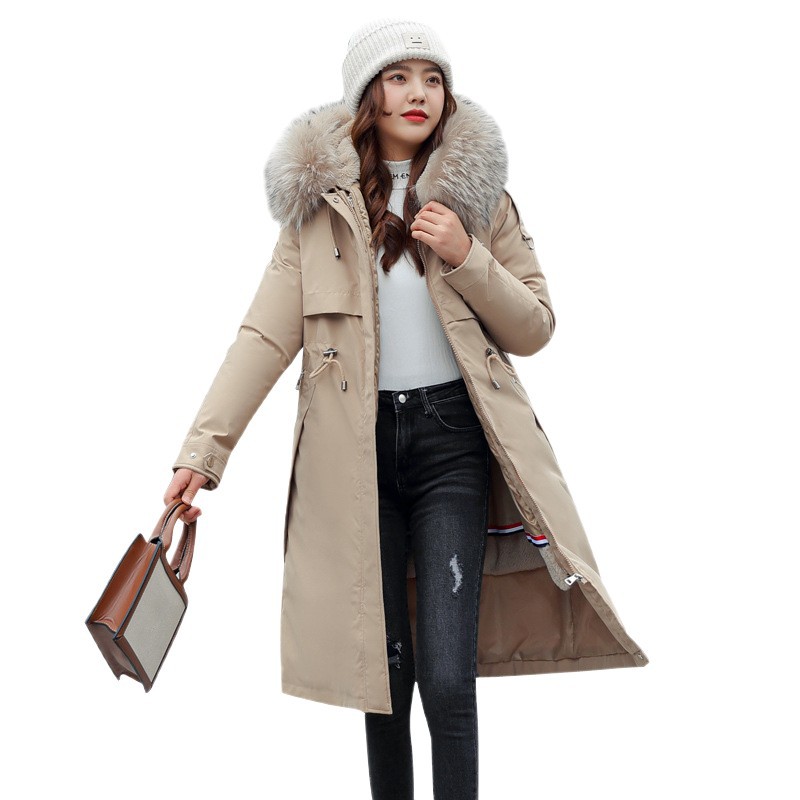 Parkas à capuche pour femmes, manteaux longs, couleur unie, détachable, grande fourrure, col en longueur, fermeture éclair, cordon de serrage, coupe cintrée, épais, décontracté, hiver 2025