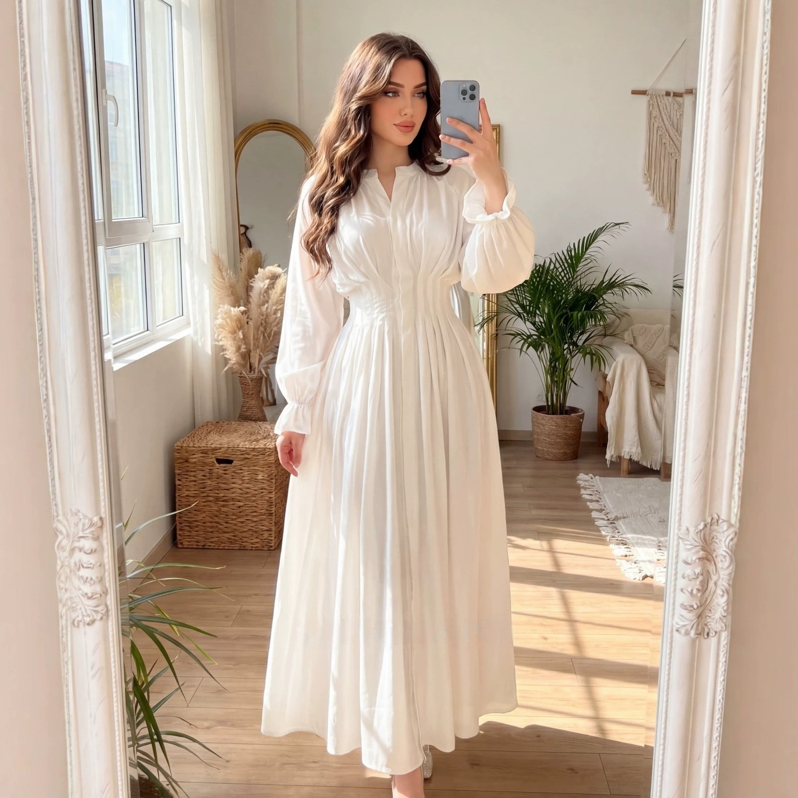 Nouvelle robe longue décontractée et tendance pour femme, col en V, manches lanternes, boutons décoratifs, taille plissée, confortable pour le quotidien et les trajets.