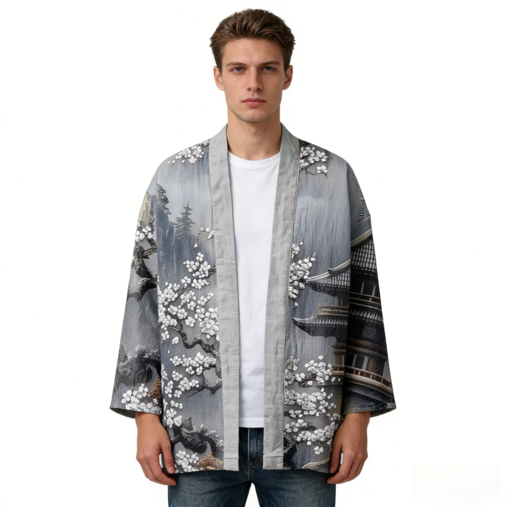 Kimono Cardigan à Imprimé Artistique, Veste Orientale Ample à Col Ouvert, Légère en Coton, Manches Longues, Idéal pour la Plage et les Vacances d'Été