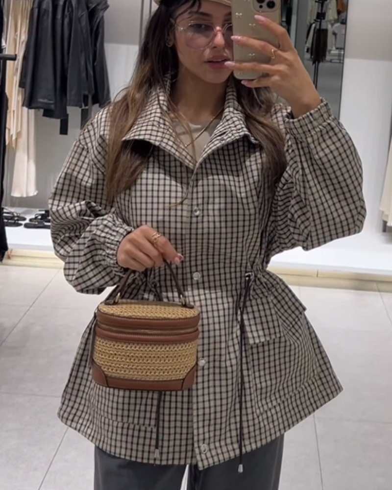 Manteau pour femme 2026 Nouvelle collection automne, gris à carreaux, manches longues, coupe ample, avec cordon de serrage décoratif, style décontracté et tendance, vêtement d'extérieur pour femme