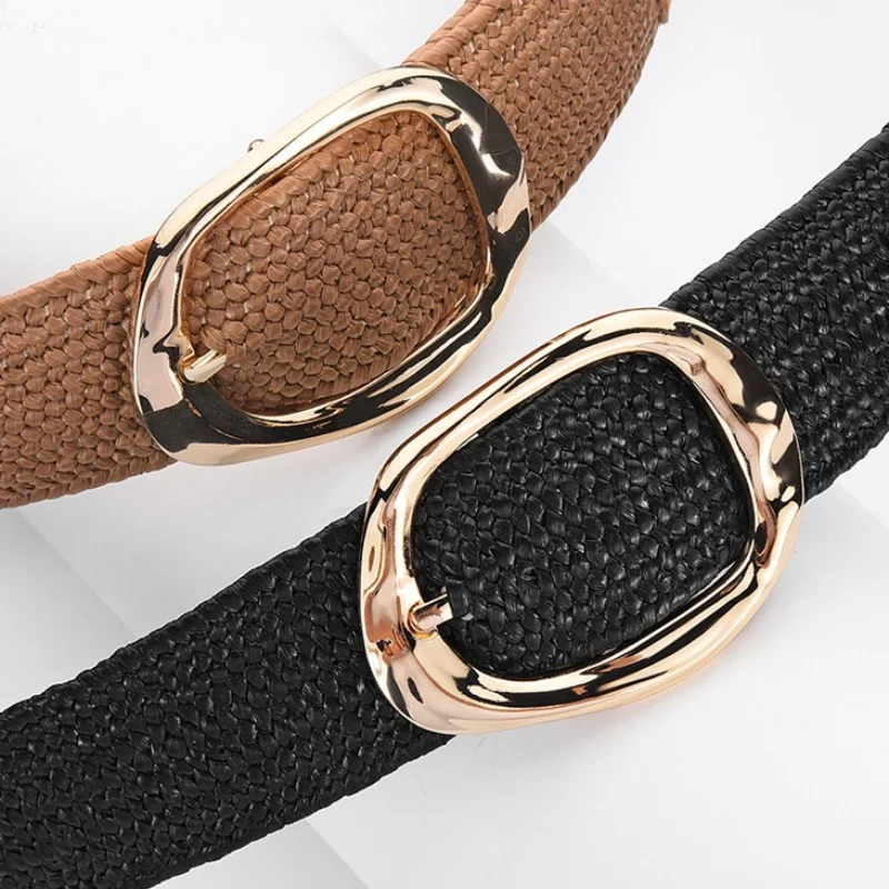 Ceinture élastique en paille tissée de style bohème à la mode, ceinture à la taille pour femme avec boucle ronde tendance, polyvalente