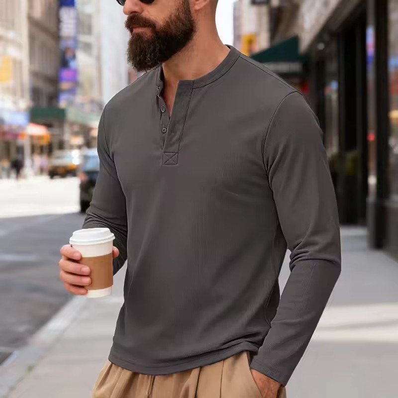 T-shirt Henley à manches longues pour homme, collection Printemps-Automne 2026, couleur unie, décontracté, pour le quotidien