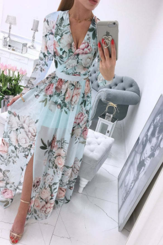 Robe bohème en mousseline de soie pour femme, manches longues, col en V, imprimé