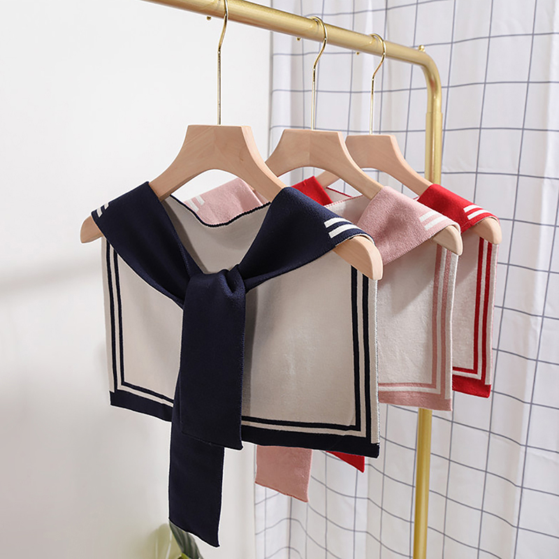 Nouvelle écharpe châle en laine tricotée à rayures marine style universitaire coréen, avec nœud, chaude, pour femme, protection du cou en climatisé, idéale pour l'été