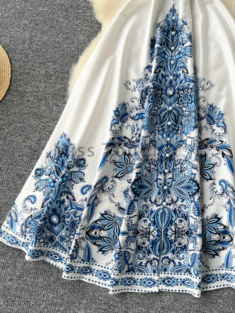 Robe longue bohème à imprimé esthétique pour femmes, vêtements ceinturés à simple boutonnage, mode française, vintage, rétro, nouveau design, été
