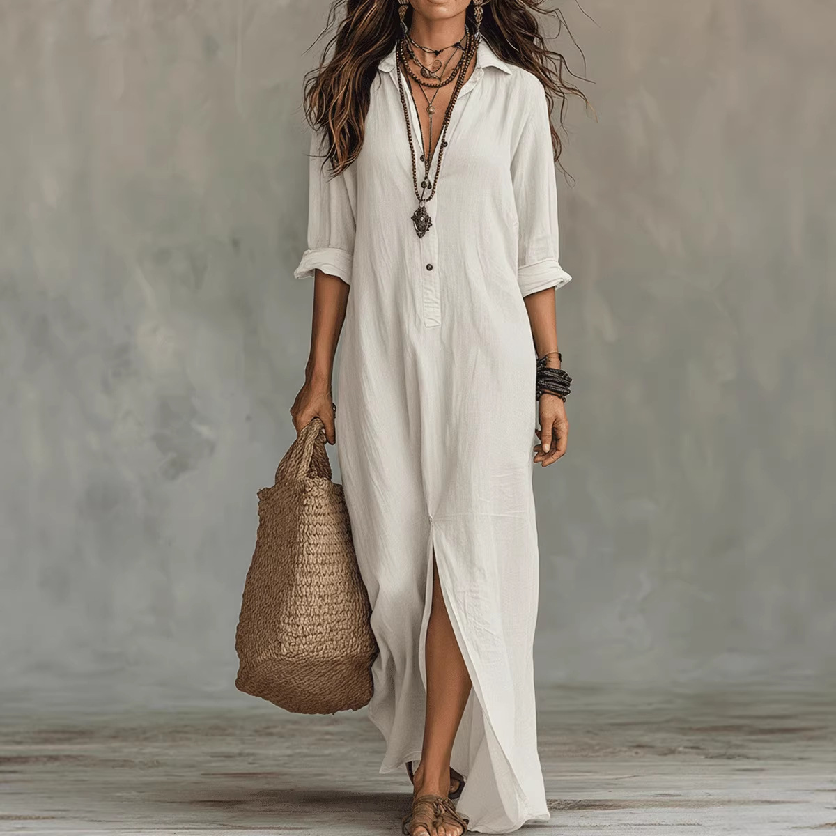 Robes pour femmes Printemps/Été 2026, robe longue décontractée à col à revers et fente avant, couleur unie, vêtements pour femmes, vestidos