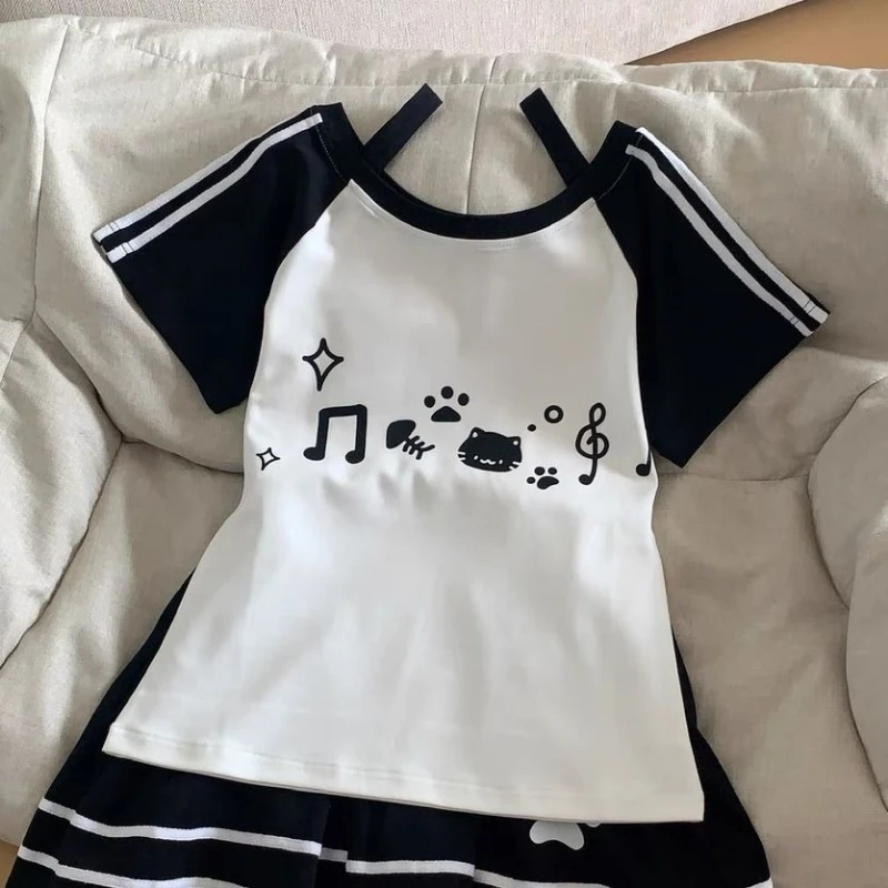 Ensemble 2 pièces de Style sous-culture japonais Kawaii pour femmes, haut à manches courtes imprimé chat mignon, Mini jupe trapèze, tenue d'été Lolita douce