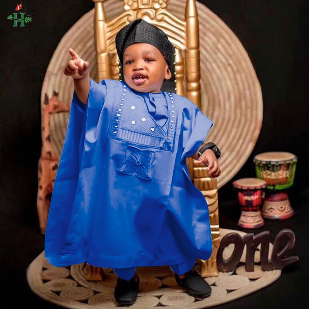 2025 nouveaux vêtements traditionnels africains pour enfants garçon blanc bleu 3 pièces ensemble à manches longues hauts broderie Dashiki Robe chemise pantalon enfant