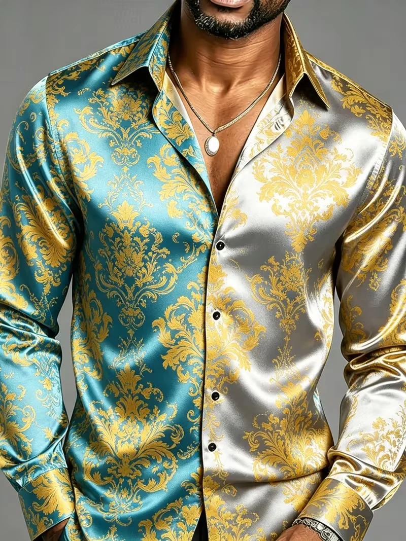 Chemises habillées pour hommes en satin de soie à manches longues, imprimé floral baroque, coupe ajustée, pour soirée, boîte de nuit, décontractées ou formelles