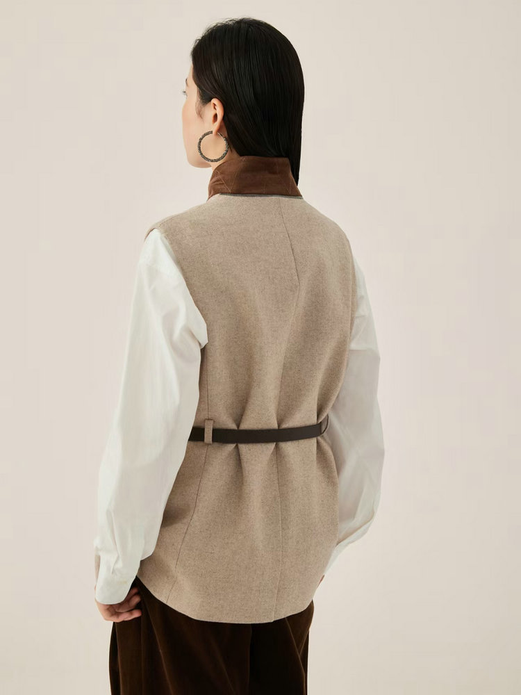 Gilet en mélange de laine pour femme, style navetteur, veste gilet tendance à col en V avec ceinture ajustable à la taille