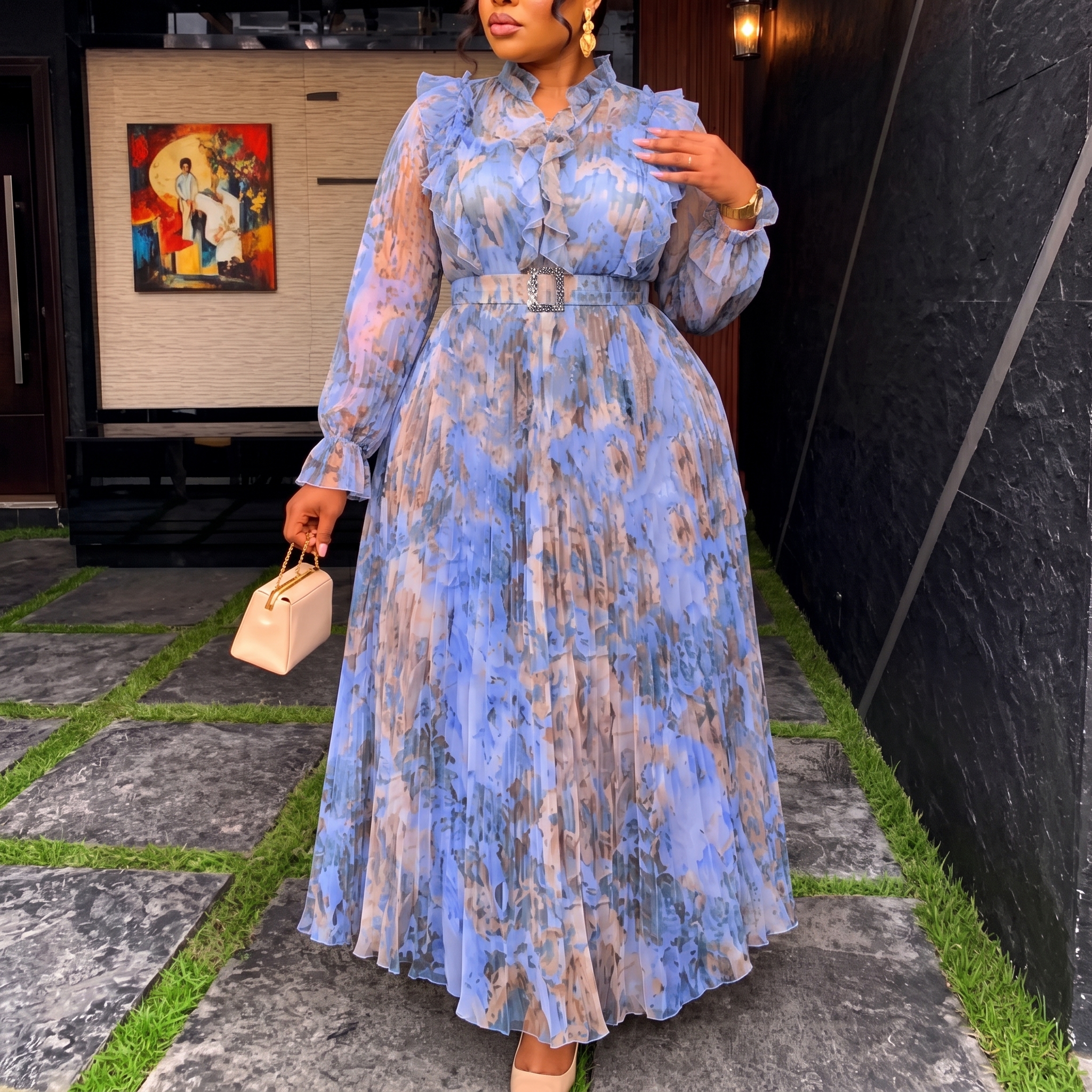 Robe longue plissée élégante en mousseline imprimée pour femme grande taille, col en V, manches bouffantes, taille ceinturée, idéale pour mariage, vacances, tenue de printemps