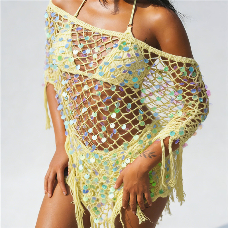 Poncho en crochet à sequins pour femme, haut asymétrique transparent à franges, châle ajouré, pull-over en maille, cache-maillot de plage d'été