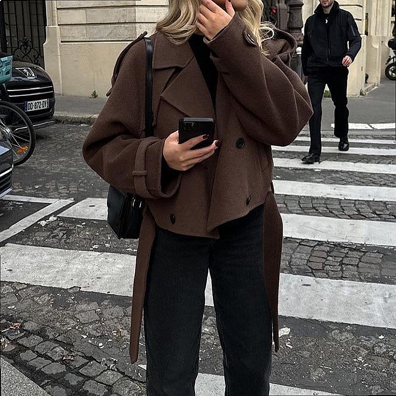 Manteau classique en laine avec revers crantés et ceinture, manteau court pour femmes, vêtements d'extérieur pour le printemps et l'automne, manteaux élégants