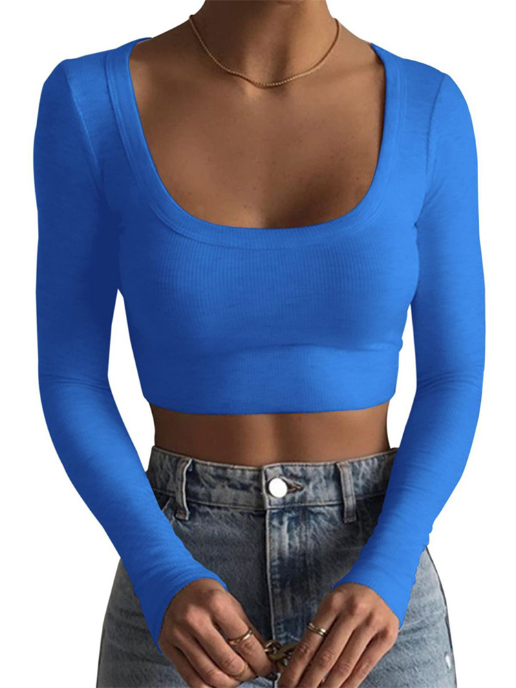 Chemise courte à manches longues pour femmes, col rond profond, tricot de documents solide, chemise courte décontractée, rue de la fête, été, Y-Y2K