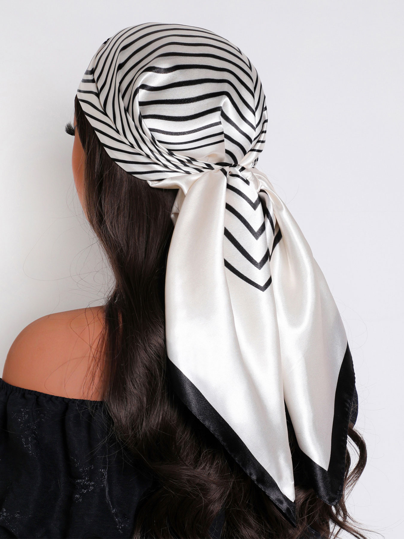 Écharpe carrée en satin à rayures noires et blanches 90x90cm, grand foulard pour femmes, châle de cou, accessoire multi-usage pour sac, cadeau