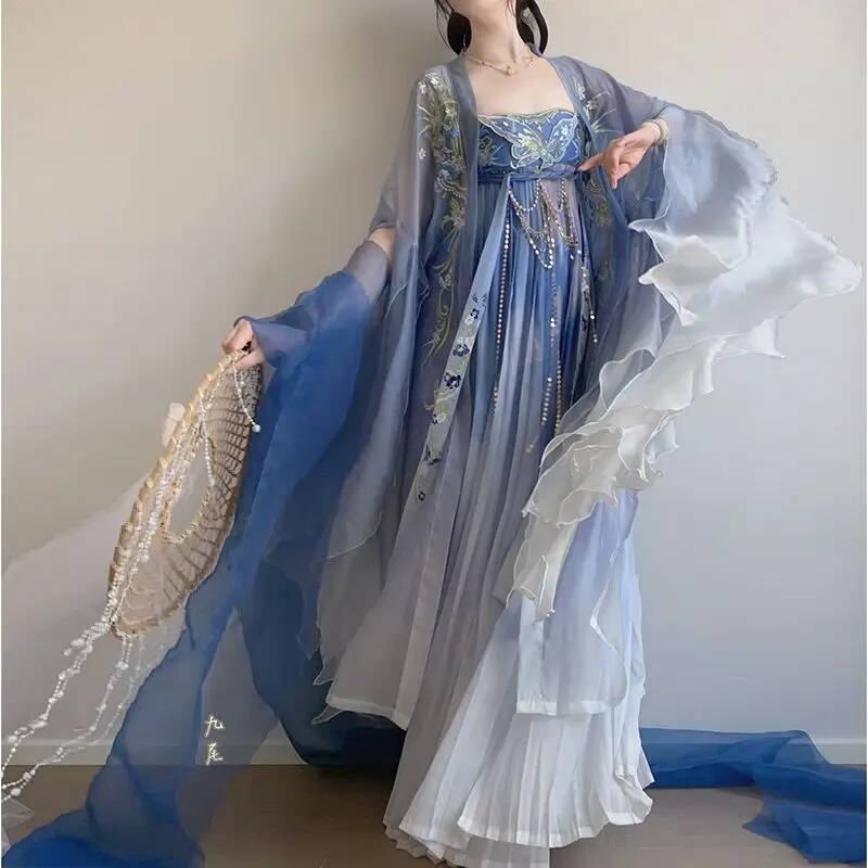 Robe Hanfu brodée bleue pour femmes, style traditionnel chinois, col rond, robe de performance pour filles, nouvelle collection printemps et été pour adultes