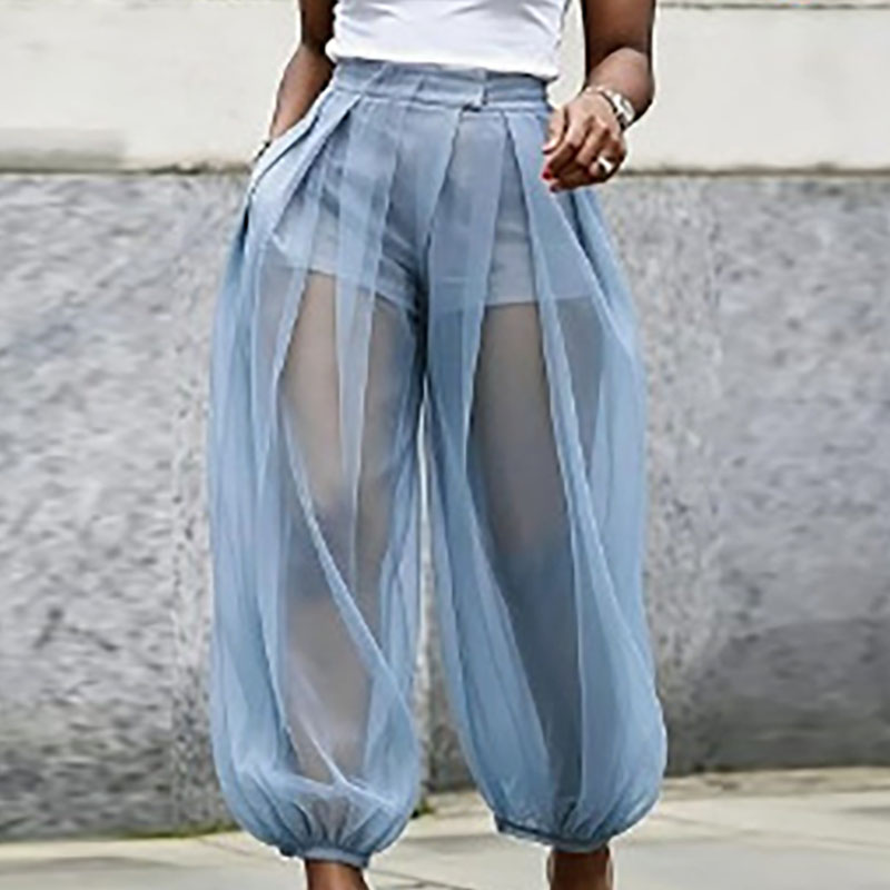 Pantalon de soirée bohème transparent pour femme, taille haute, uni, style harem, avec short intégré, bas élastiqué, coupe lanterne, idéal pour l'été