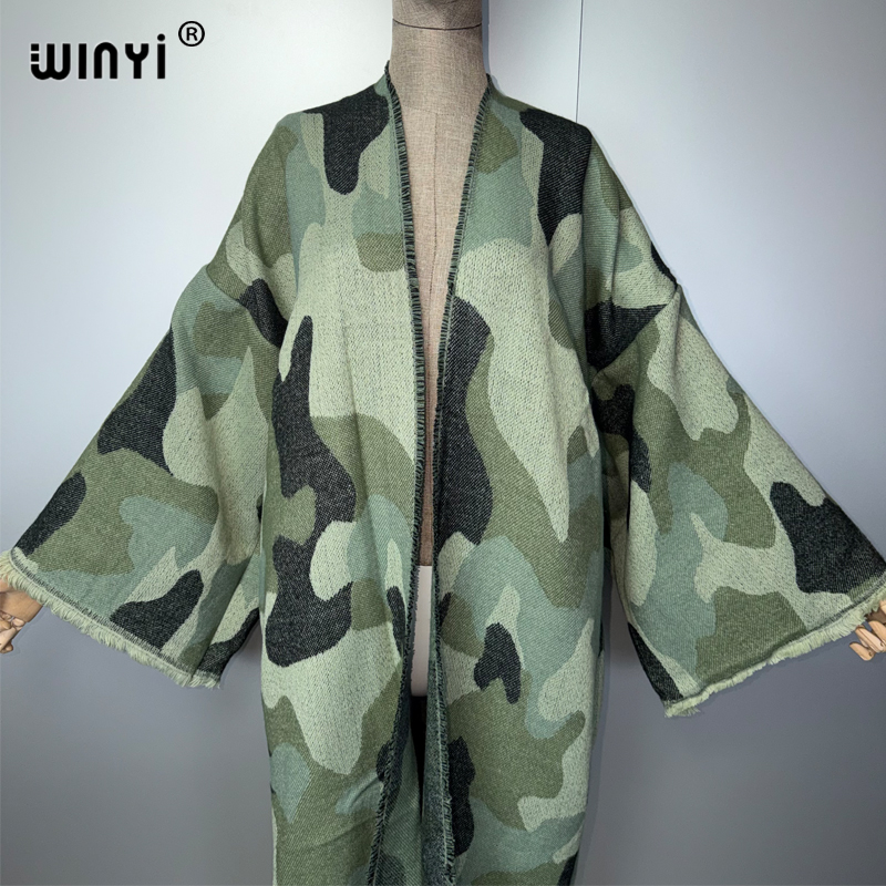 Manteau long en duvet léopard WINYI pour femme, cardigan à franges, abaya de luxe de Dubaï, vêtements d'extérieur amples pour l'hiver