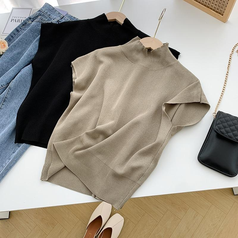 Mode col montant mince femmes tricoté gilet ample solide élégant hauts droits à manches courtes bureau dame t-shirt chemise ample