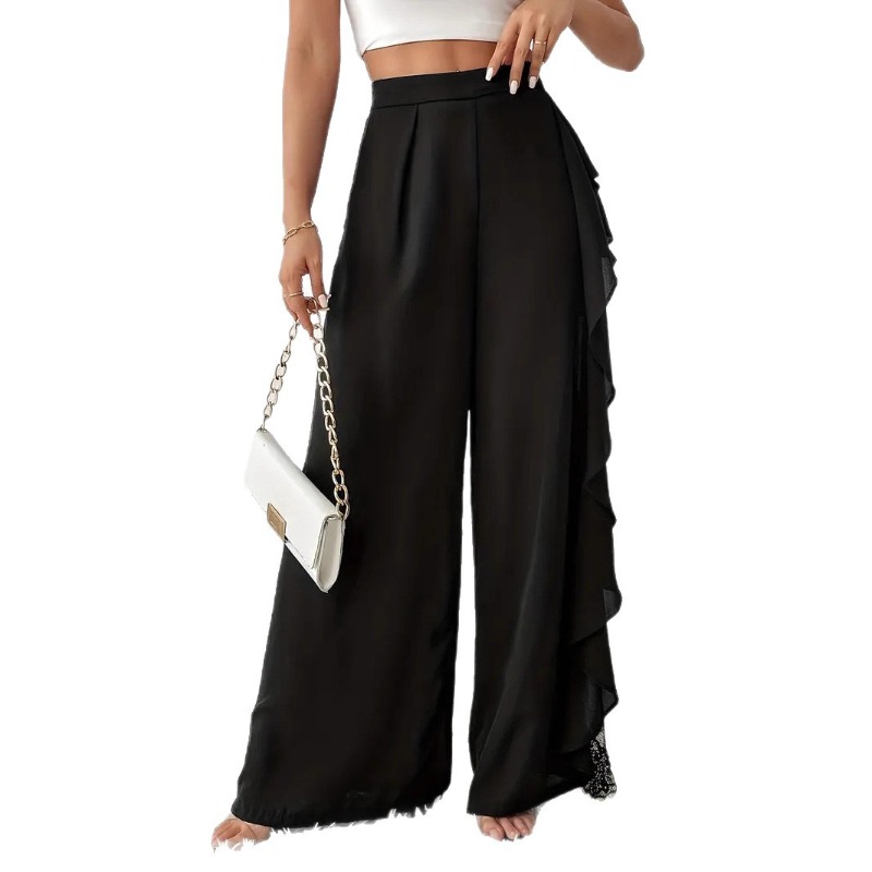 Pantalon à jambes larges pour femme, automne, volants épissés, dentelle, maille transparente, noir irrégulier, élégant, bureau, banlieue, à plusieurs niveaux