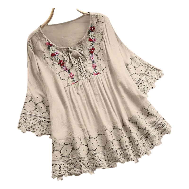 Chemisier d'été femmes col en v hauts chemise en dentelle et chemisier élégant femmes haut à la mode décontracté dame ample coton lin femme chemise
