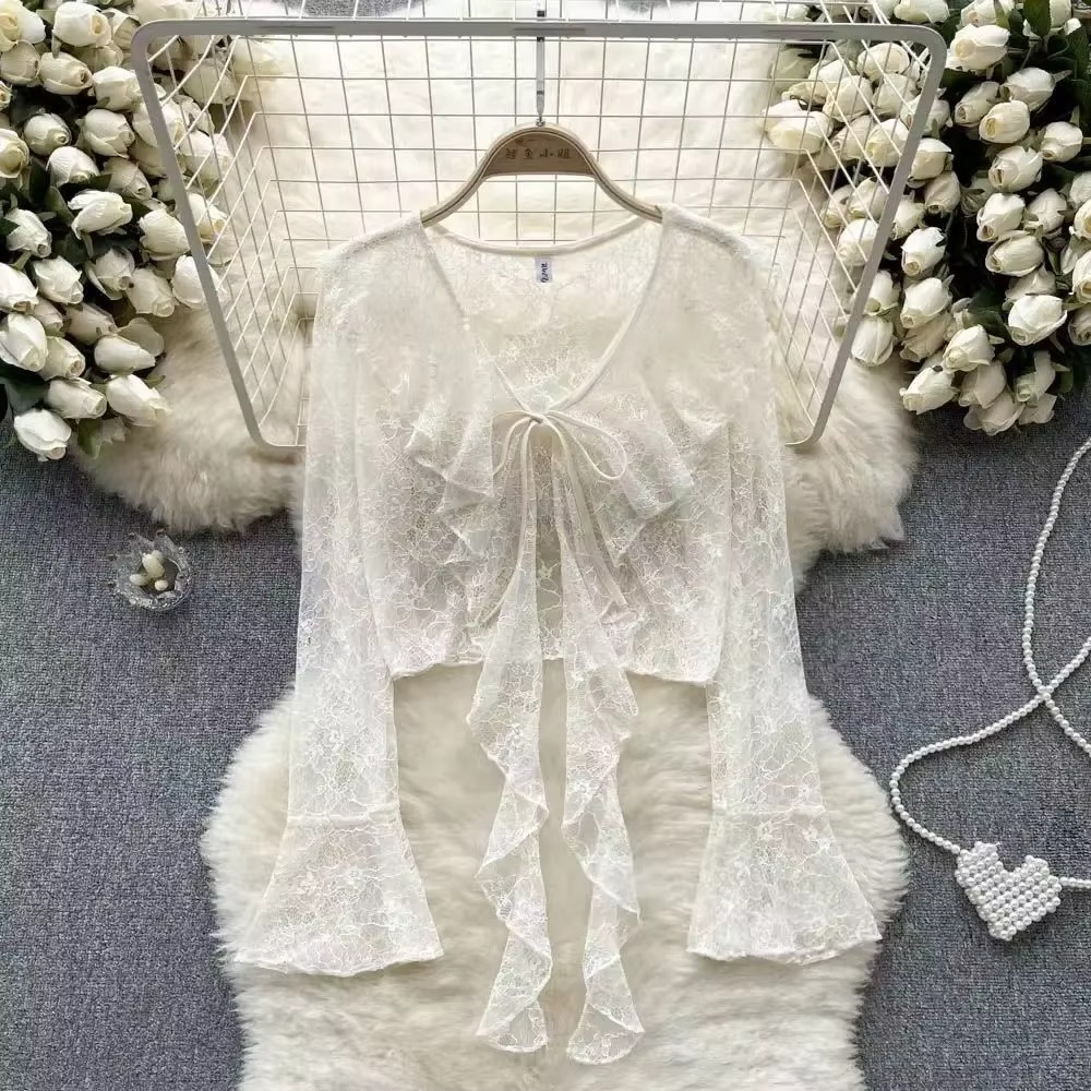 Cardigan court en dentelle pour femme, à nouer sur le devant, avec manches évasées, chemisier léger, veste châle, vêtement d'extérieur, chemisier de couverture.