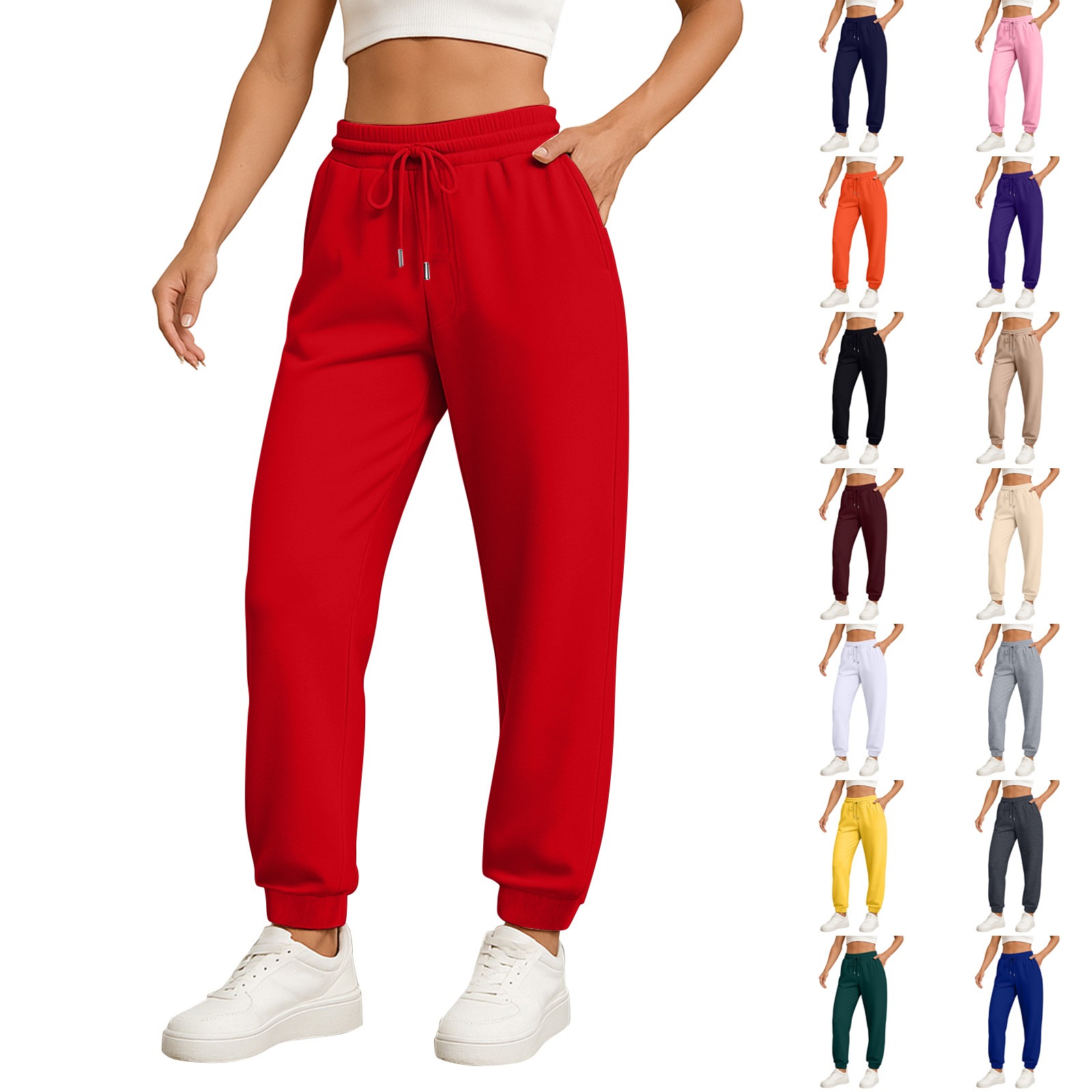 Pantalon à jambes droites pour femmes, couleur unie, taille haute, poches avec cordon de serrage, taille élastique, pantalons décontractés, pantalons de survêtement pour femmes