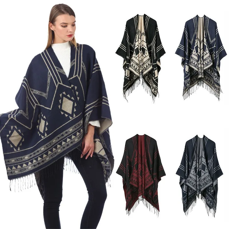 Nouvelle cape poncho pour femme, style indien népalais, à franges géométriques, chaude, idéale pour les salles climatisées, noir kaki