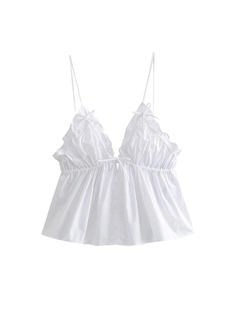 Débardeur Sexy à volants et col en v pour femmes, mode, nœud noué, bretelles fines, dos nu, Camisole
