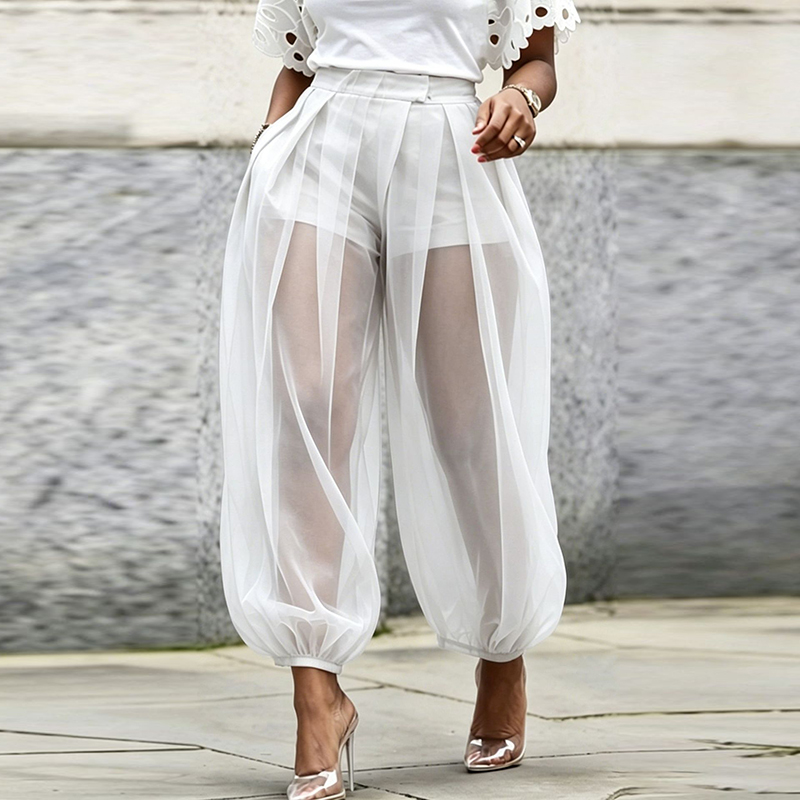 Pantalon long plissé pour femme, taille haute, couleur unie, en maille transparente, style lanterne, décontracté, pour le bureau et le streetwear
