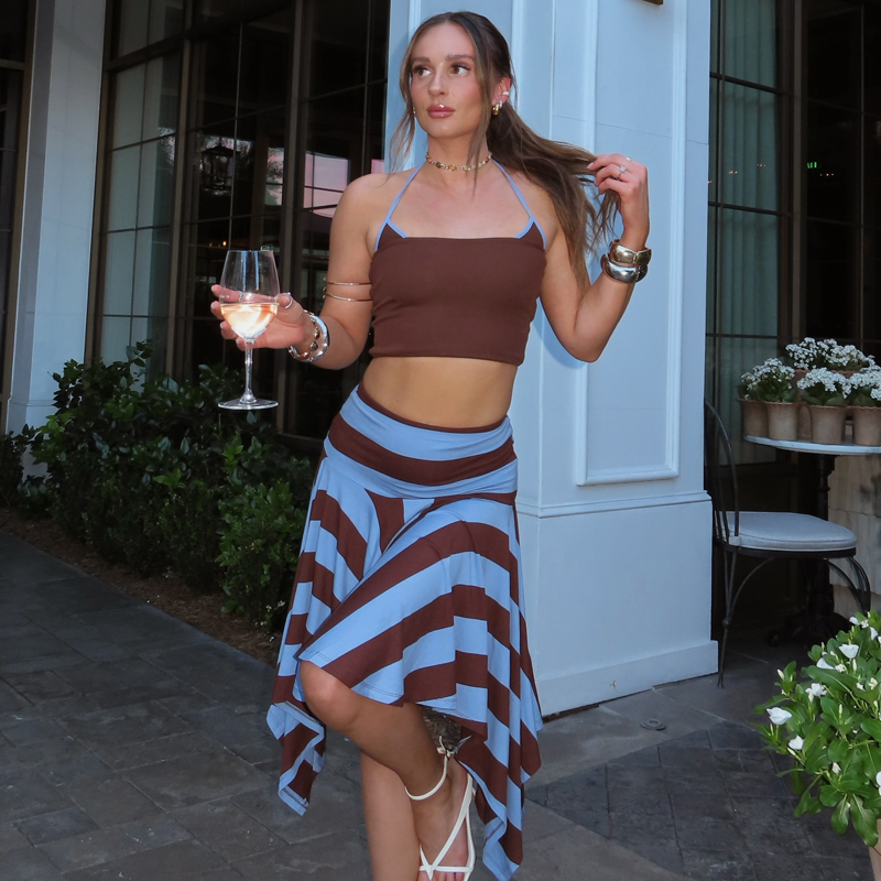 Jupe rayée pour femmes, jupe d'été asymétrique à taille haute avec volants, jupe midi bleue décontractée pour fête, streetwear pour femmes