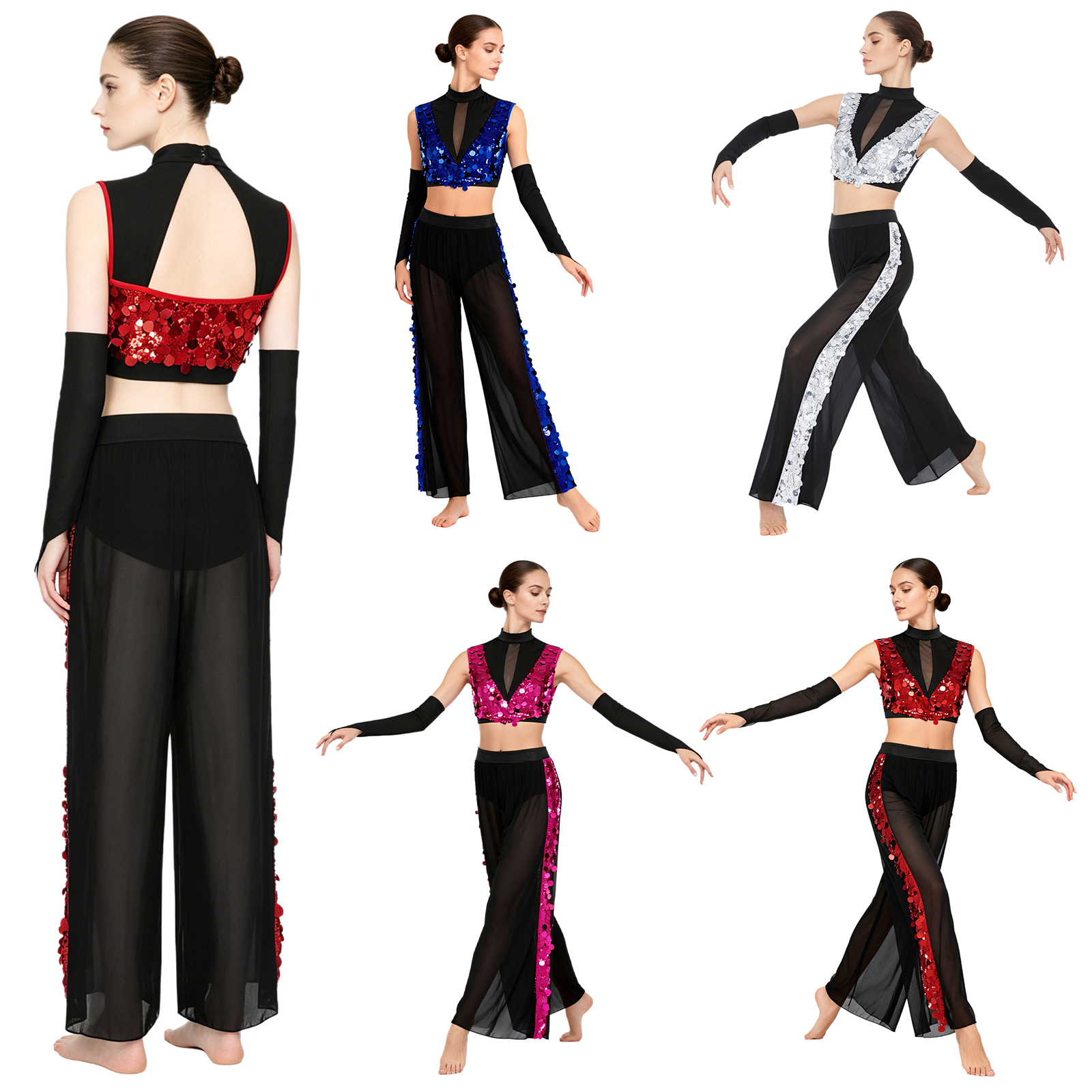 Tenue de danse lyrique pour femmes, haut court sans manches à paillettes avec pantalon en maille et gants, pour ballet, gymnastique, patinage et danse contemporaine