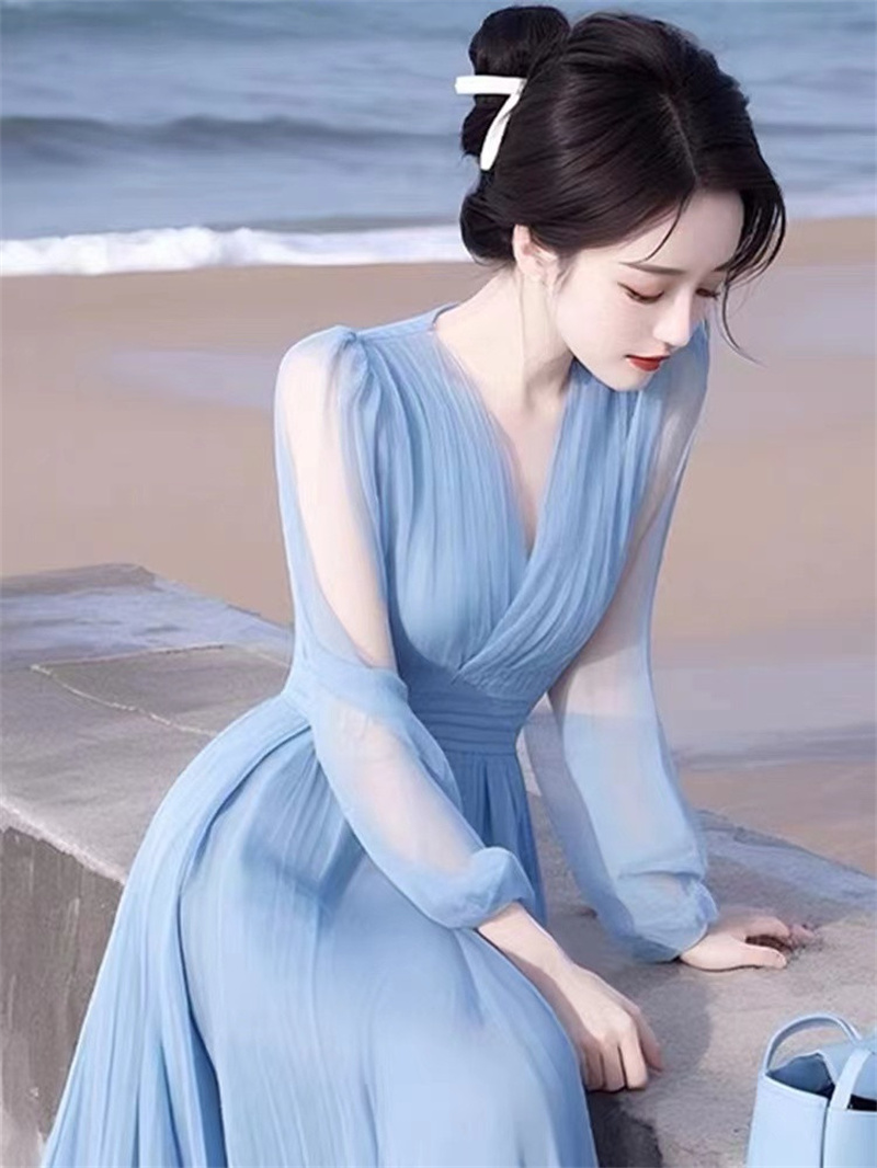 Robe longue élégante à col en V, couleur unie, volants amples, vêtements pour femmes, été 2026, nouvelle robe longue à manches longues, bleu, en mousseline de soie, robe de soirée pour femme