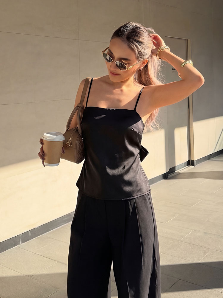 HH Débardeur court en satin pour femme, à fines bretelles, dos à nouer, col carré, élégant, pour l'été, décontracté, pour les fêtes et le streetwear