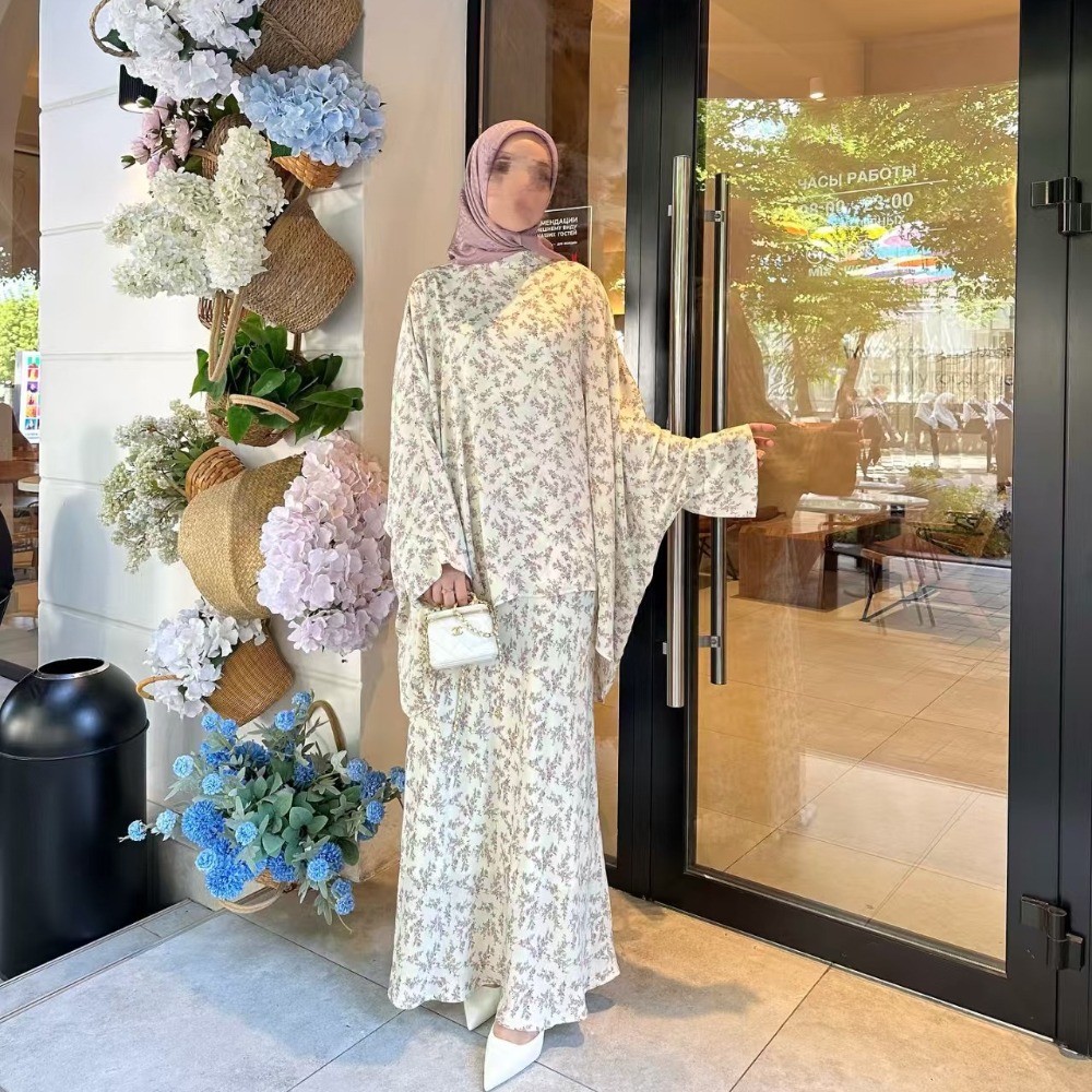 2 pièces Ensemble femmes fête imprimé Blouse jupe Musulman Ensembles Ensemble dubaï Islam Ramadan 2025 femme musulmane jupes longues Costume