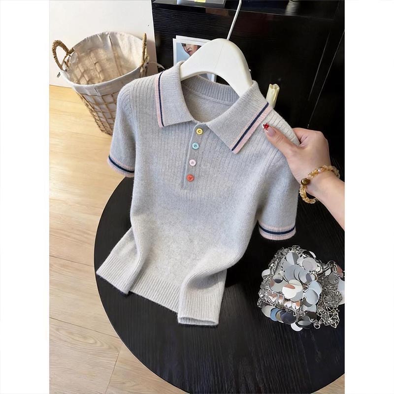 Tunique élégante pour femme, nouvelle collection été, col rabattu boutonné, t-shirt polyvalent à manches courtes, patchwork uni