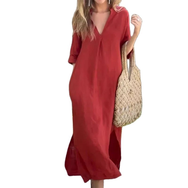 Femmes été coton lin couleur unie robes col en V profond pull robe ample femme sept-quarts manches ourlet fendu robe décontractée