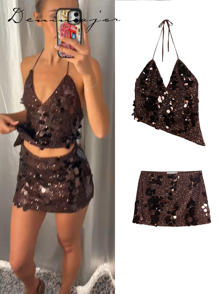 Ensemble Mini jupe Sexy à paillettes, 2 pièces pour femmes, col licou, sans manches, dos nu, gilet, jupe moulante, tenues de Club de fête d'été, 2026