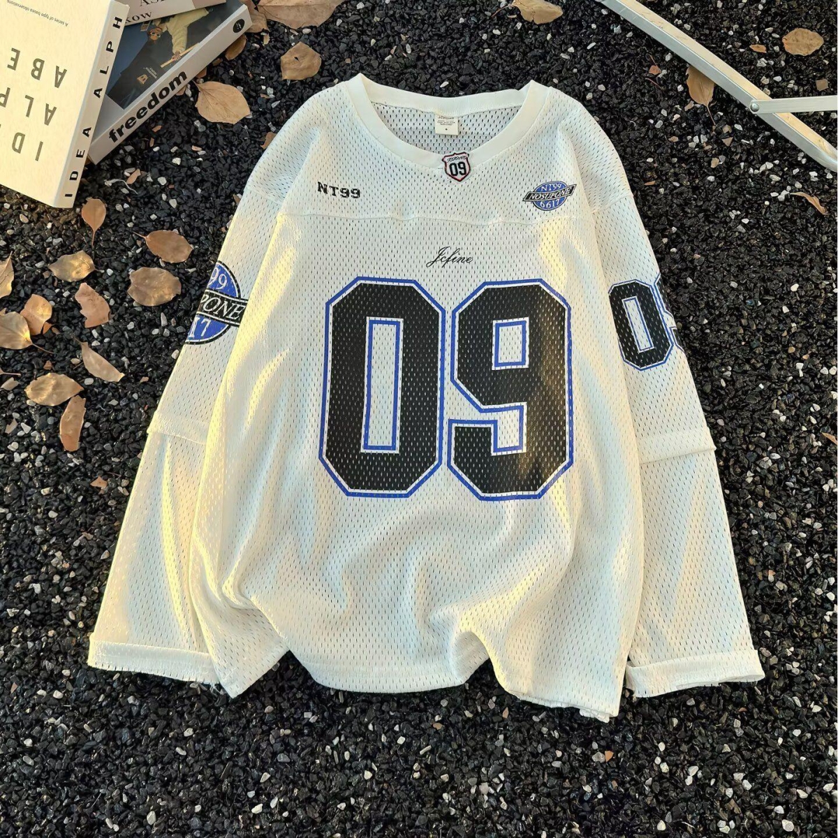 Maillot de football unisexe en maille à manches longues, effet deux pièces, avec motif 09, col en V, coupe ample, style Hip-Hop Street Sport, hauts pull-overs
