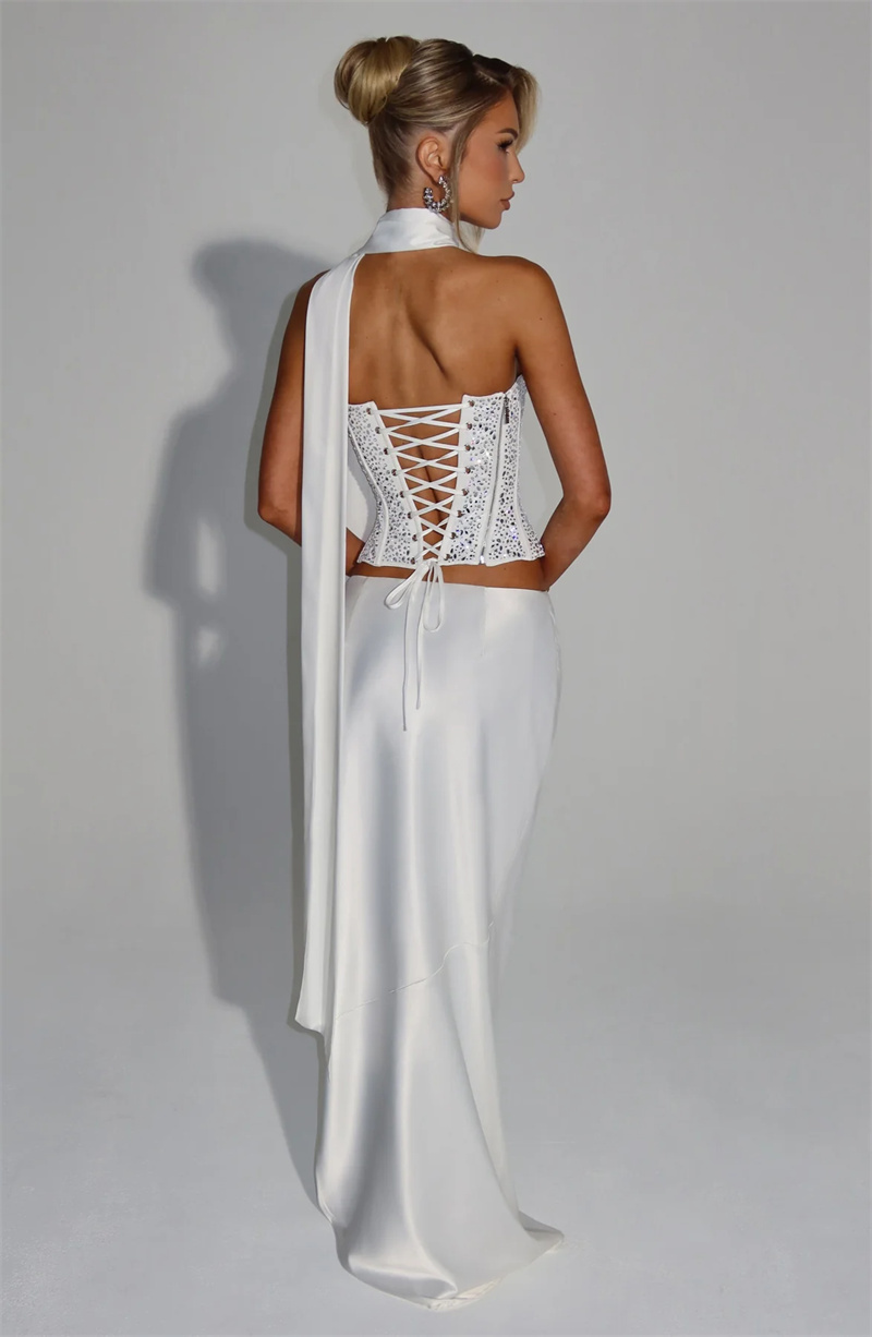 Ensemble deux pièces col écharpe à sequins pour femme, crop top bustier et jupe longue en satin, tenue élégante et sexy pour soirée club