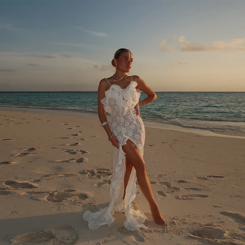 Robe longue de vacances en dentelle plissée, élégante et Sexy, fente haute, charmante, luxueuse, amincissante, robes de soirée, vêtements pour femmes, été