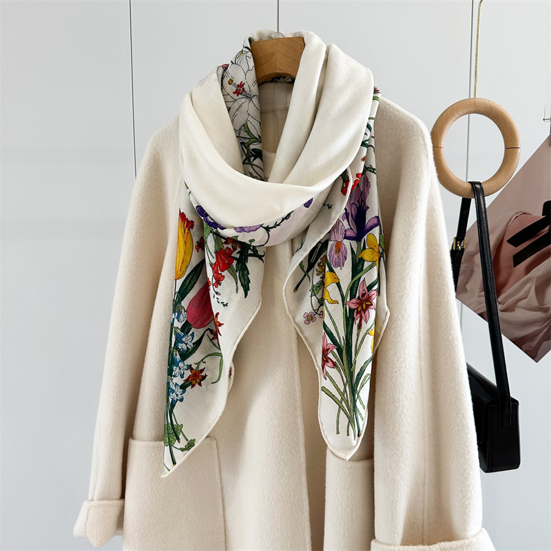 Foulard en mélange de laine de soie pour femmes, écharpe de luxe douce d'hiver, accessoires de sac de tête, grands Bandanas carrés, châles féminins