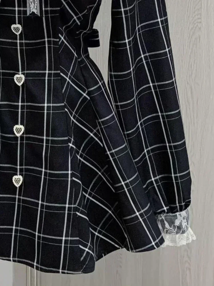 Robe à carreaux en dentelle douce pour femmes, fée japonaise, Patchwork, Kawaii Grunge, à volants, manches longues, Y2k, esthétique JK Lolita