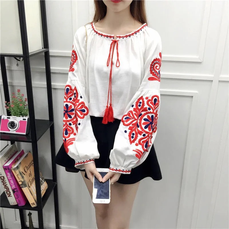 Robe brodée bohème pour femmes, Boho, fleur, col rond, manches longues lanterne, taille haute, coton, blanc, printemps