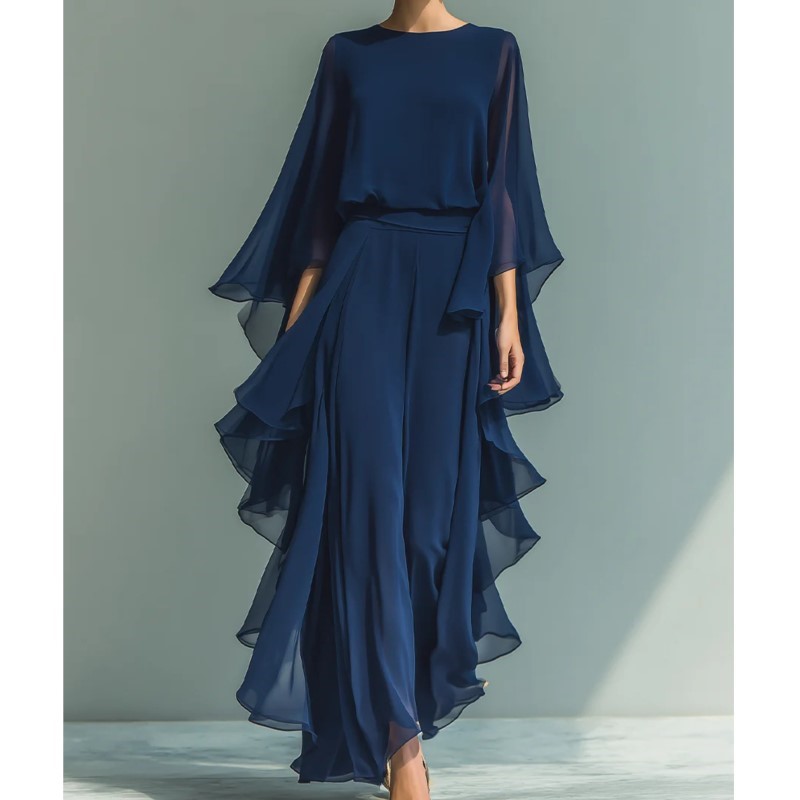 Ensemble deux pièces bohème pour femme : chemise en mousseline bleu marine à manches cloche et pantalon droit à volants – Tenue tendance