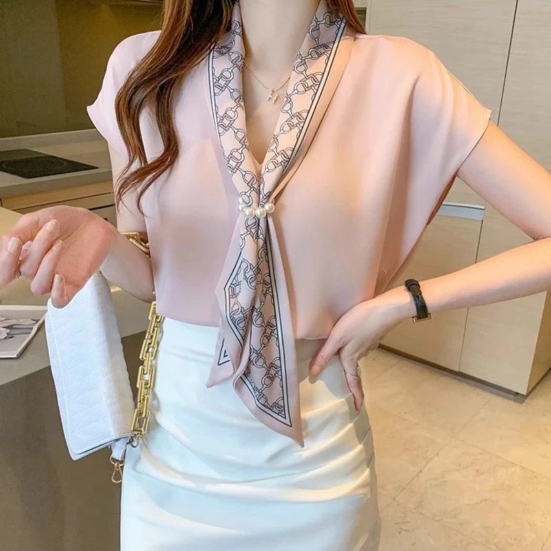 Blouses d'été pour femmes 2026, chemisier simple en mousseline de soie pour femme de bureau, chemise à lacets, hauts décontractés, style coréen OL, blouses amples roses