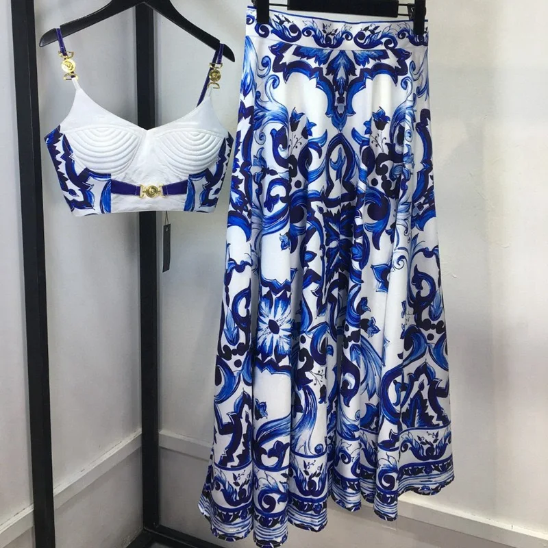 Ensemble deux pièces pour vacances à la plage, haut court à boutons dorés et jupe longue, imprimé bohème, à la mode, bretelles spaghetti, été