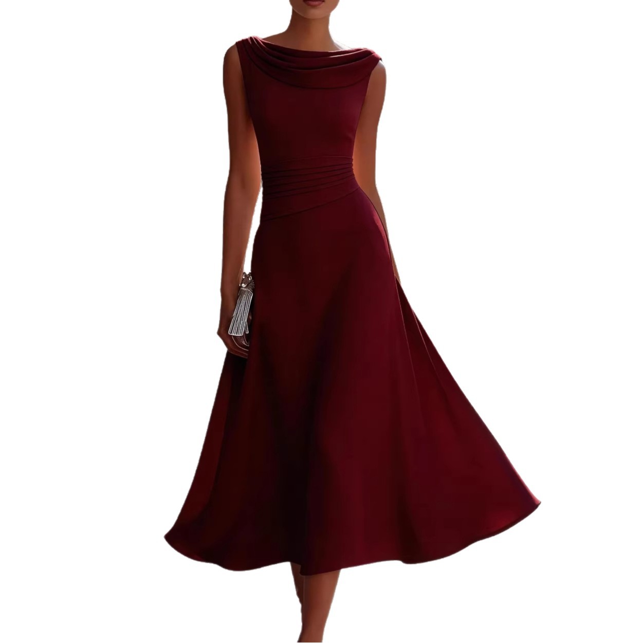 Robe midi élégante pour femme, drapée, à col drapé, sans manches, avec taille froncée, idéale pour les occasions formelles et les invitées de mariage