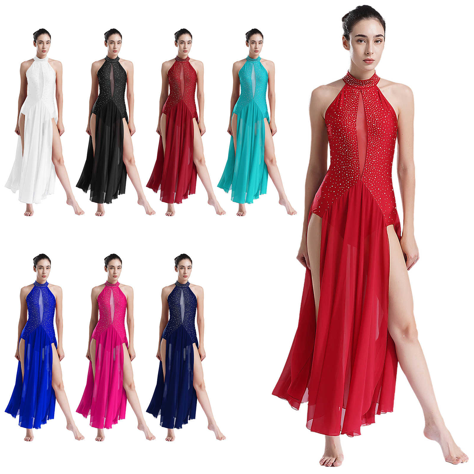 Robe de danse lyrique pour femme, tenue de danse moderne et contemporaine, dos nu à bretelles, ornée de strass, fendue, pour spectacle et compétition
